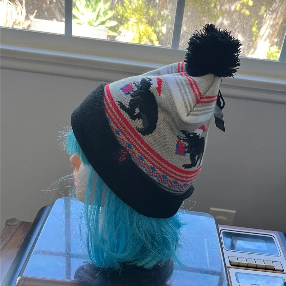 Black and White Beanie with Dinosaur Design